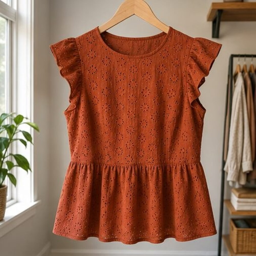Rust Eyelet Peplum Blouse